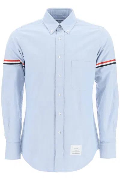 Shop Thom Browne Oxford Button Down Shirt With Rwb Armbands In Light Blue