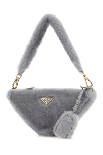 Shop Prada Woman Grey Shearling Triangle Handbag In Gray
