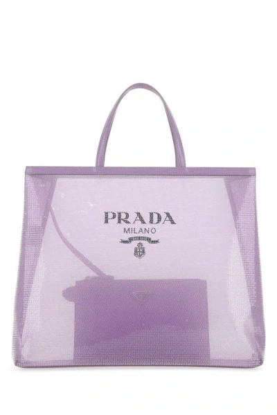 Shop Prada Woman Lilac Mesh Shopping Bag In Purple