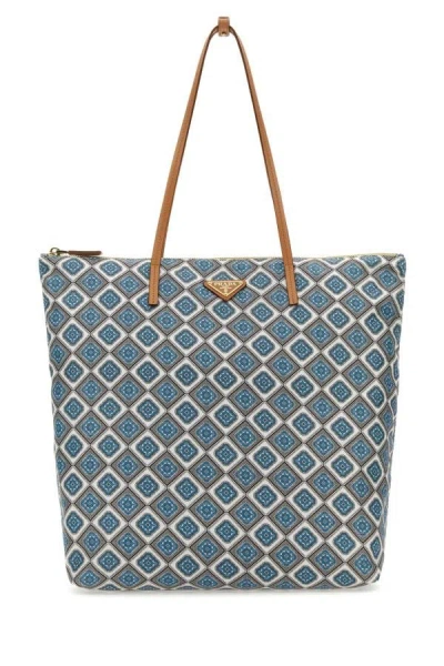 Prada Blue Printed Re-nylon Tote Bag In Multicolor