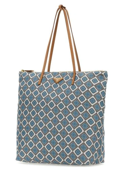 Prada Blue Printed Re-nylon Tote Bag In Multicolor