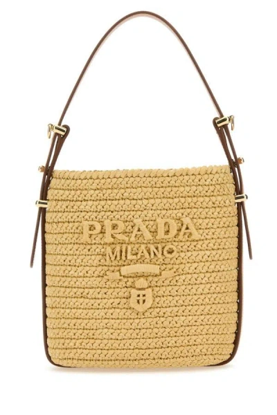 Shop Prada Woman Raffia Bucket Bag In Brown
