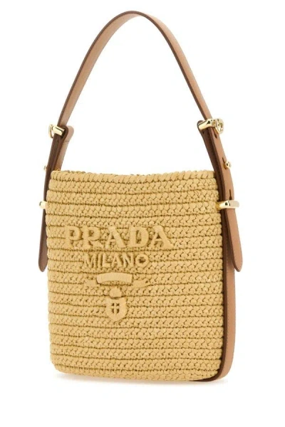 Shop Prada Woman Raffia Bucket Bag In Brown