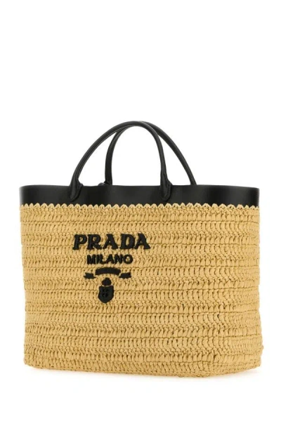 Shop Prada Woman Raffia Shopping Bag In Brown