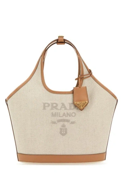 Prada Triangle Shape Canvas Handbag With Leather Trim In Brown