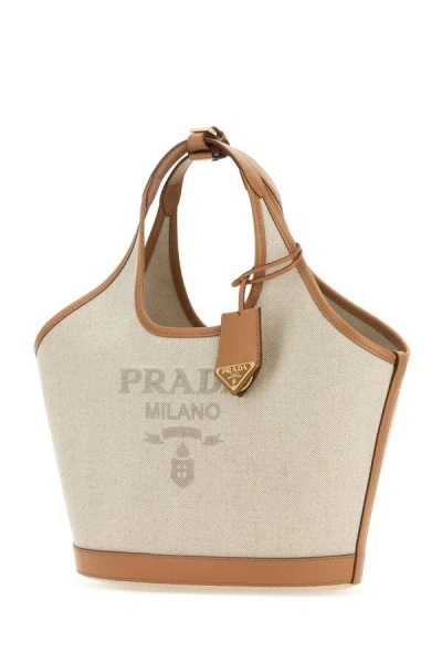 Prada Triangle Shape Canvas Handbag With Leather Trim In Brown