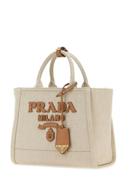 Shop Prada Woman Sand Canvas Shopping Bag In Brown