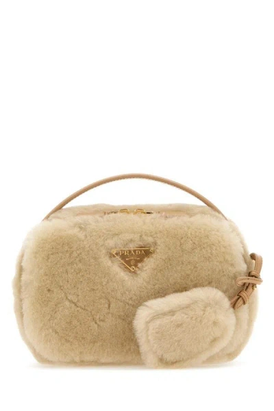 Shop Prada Woman Sand Shearling Crossbody Bag In Brown