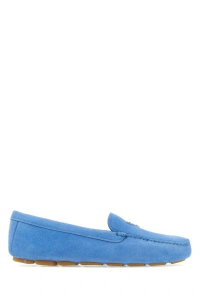 Shop Prada Woman Turquoise Suede Loafers In Blue