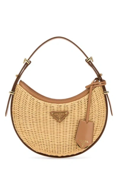 Shop Prada Woman Two-tone Wicker And Leather Arquã¨ Handbag In Multicolor