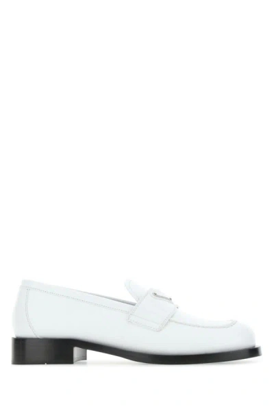Prada Calf Leather White Loafers With Logo Embellishment In White