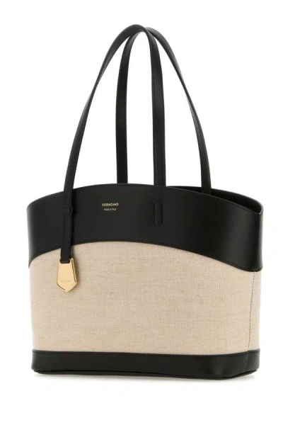 Shop Ferragamo Salvatore  Woman Two-tone Leather And Canvas Entry S Handbag In Multicolor