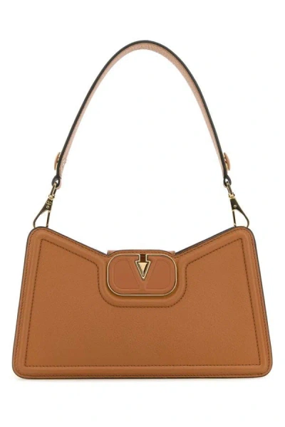 Shop Valentino Garavani Woman Camel Leather Vlogo Shoulder Bag In Brown
