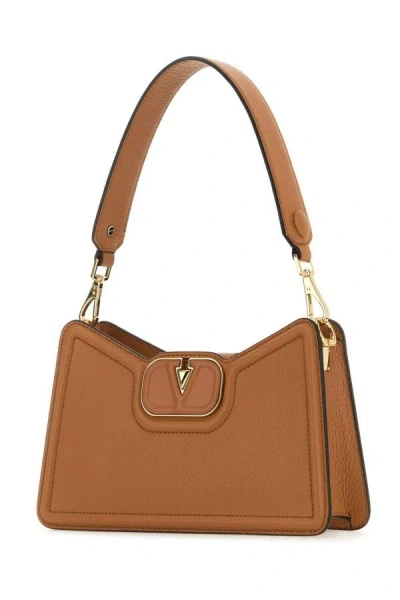 Shop Valentino Garavani Woman Camel Leather Vlogo Shoulder Bag In Brown