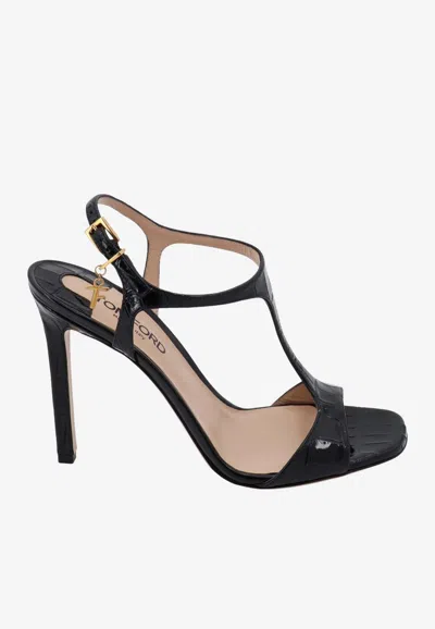 Shop Tom Ford Angelina 105 Croc-embossed Leather Sandals In Black