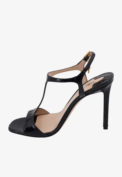 Shop Tom Ford Angelina 105 Croc-embossed Leather Sandals In Black