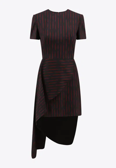 Shop Alexander Mcqueen Asymmetric Pinstripe Wool Midi Dress In Black