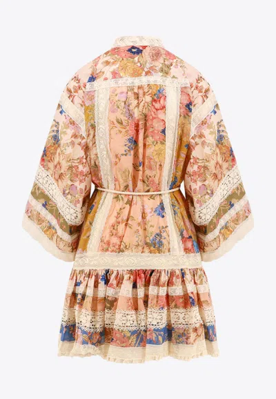 Shop Zimmermann August Lace-trimmed Printed Mini Dress In Multicolor