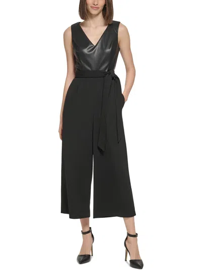Shop Calvin Klein Womens Mixed Media Faux Leather Jumpsuit In Black