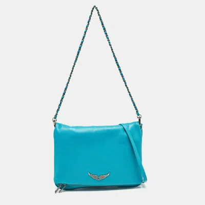 Shop Zadig & Voltaire Leather Rock Fold Over Shoulder Bag In Blue