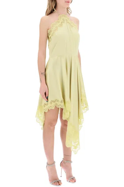 Shop Stella Mccartney Asymmetric Satin Dress With Lace Detail In Giallo