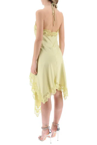 Shop Stella Mccartney Asymmetric Satin Dress With Lace Detail In Giallo