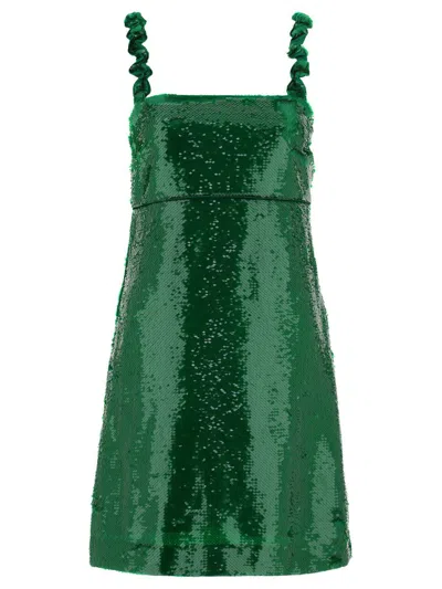 Shop Ganni Dress With Reversible Sequins In Green