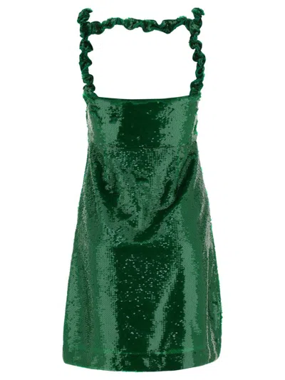 Shop Ganni Dress With Reversible Sequins In Green