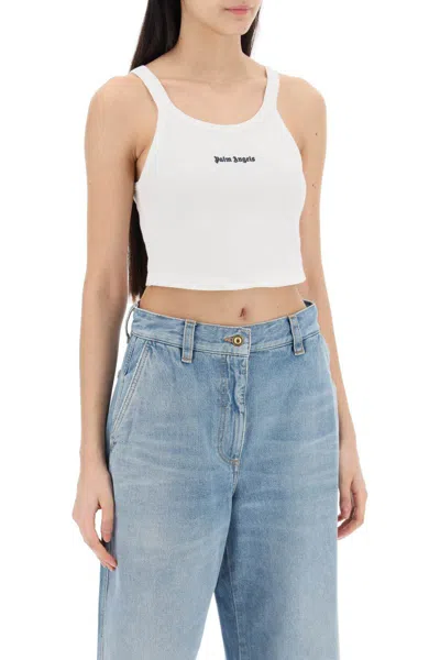 Shop Palm Angels Embroidered Logo Crop Top With In Bianco