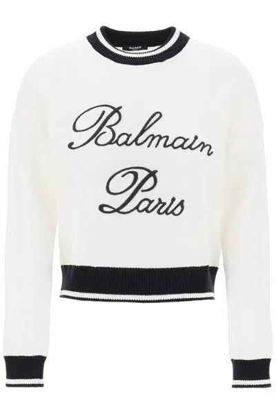 Shop Balmain Embroidered Logo Pullover In Bianco