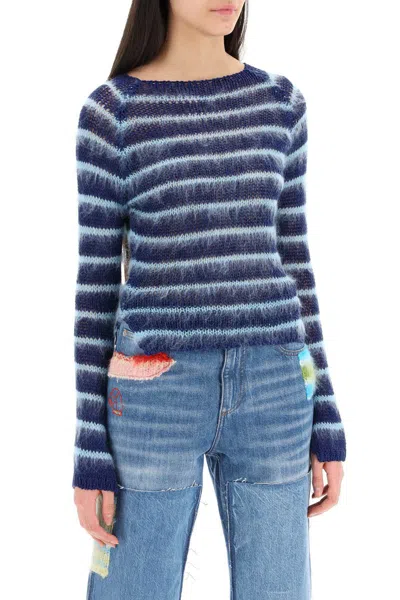 Shop Marni Striped Cotton And Mohair Pullover In Blue