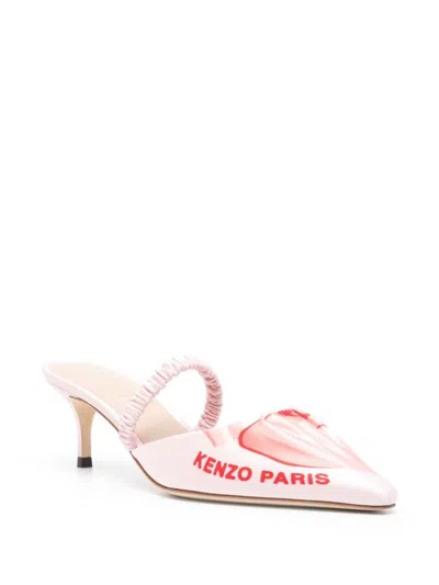 Kenzo Satin Kitten Heel Mules With Pointed Toe In Light Pink