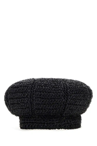 Prada Woman Black Rafia Baker Boy Hat In Black