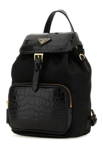 Shop Prada Woman Black Re-nylon And Leather Backpack