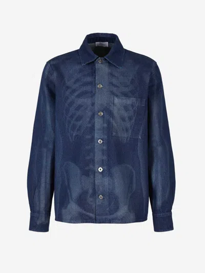 Shop Off-white Skeleton Motif Denim Shirt In Denim Blue