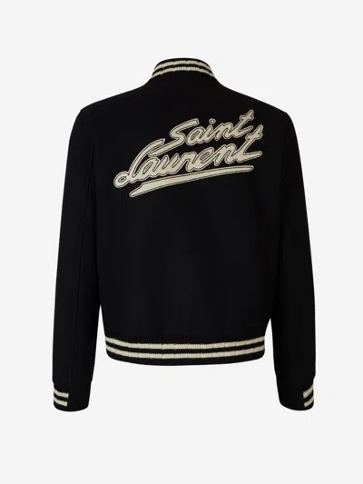 Shop Saint Laurent Varsity Bomber Jacket In Black