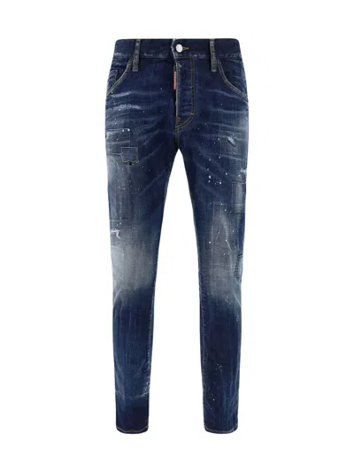 Dsquared2 'cool Guy' Blue Five Pocket Jeans With Distressed Effect And Logo Patch On The Back In Denim Blu Scuro