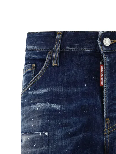 Dsquared2 'cool Guy' Blue Five Pocket Jeans With Distressed Effect And Logo Patch On The Back In Denim Blu Scuro