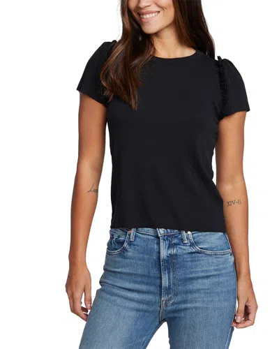 Shop Chaser Rib Raw Edge Ruffle Puff Sleeve Linen-blend T-shirt In Black