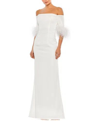 Shop Mac Duggal Feather Trim Off The Shoulder Column Gown In White