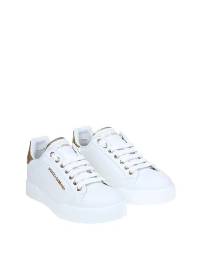 Shop Dolce & Gabbana Portofino Sneakers In Nappa Leather In White / Gold