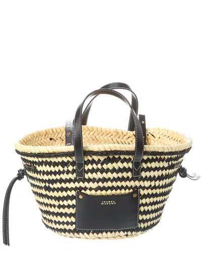 Shop Isabel Marant Cadix Mini Straw & Leather Tote In Blue