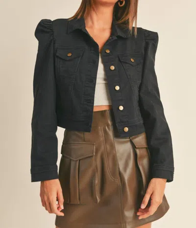 Shop Miou Muse Hermione Puff Sleeve Washed Denim Jacket In Black
