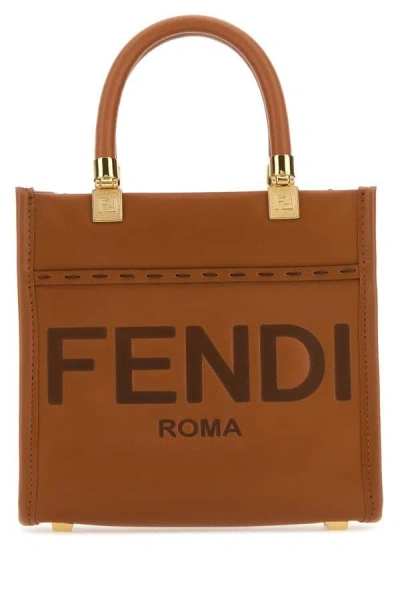 Shop Fendi Woman Caramel Leather Mini Sunshine Handbag In Brown