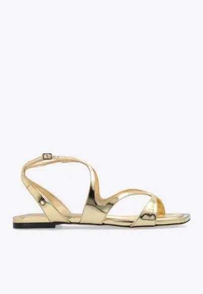 Shop Jimmy Choo Ayla Metallic Leather Flat Sandals In Gold