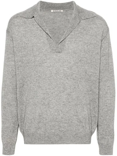 Shop Auralee Cashmere And Silk Blend Polo Shirt In Grey