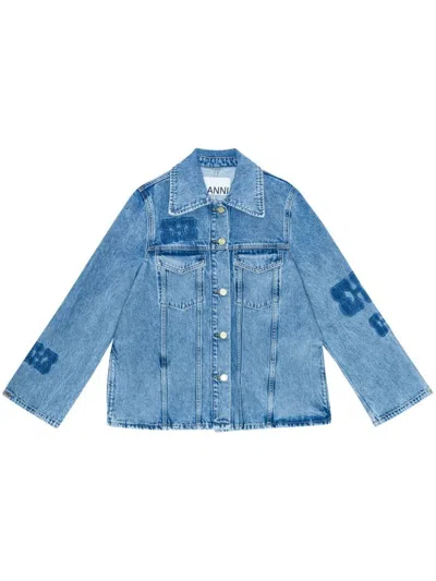Shop Ganni Denim Jacket In Organic Cotton With Logo In Blue