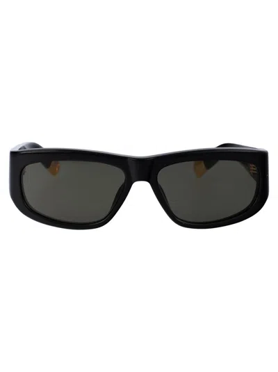 Jacquemus Rectangle Frame Sunglasses In 01 Black/ Yellow Gold/ Grey