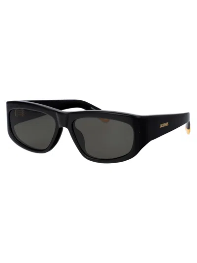 Jacquemus Rectangle Frame Sunglasses In 01 Black/ Yellow Gold/ Grey