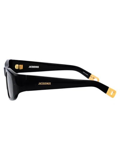Jacquemus Rectangle Frame Sunglasses In 01 Black/ Yellow Gold/ Grey